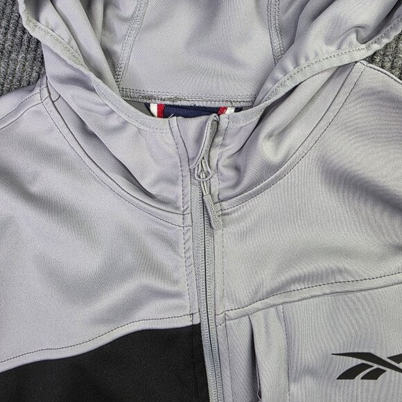 Reebok Track Jacket Mens L Black Gray Colorblock Spellout Hooded Zip Athleisure - Picture 6 of 13